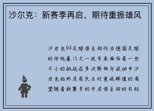 沙尔克：新赛季再启，期待重振雄风