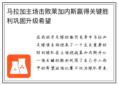 马拉加主场击败莱加内斯赢得关键胜利巩固升级希望