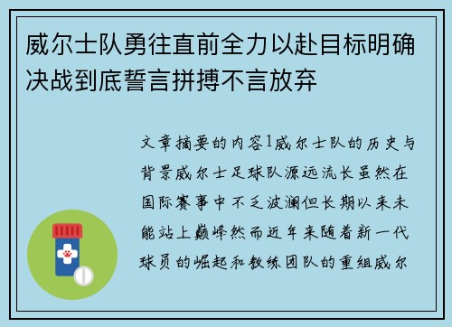 威尔士队勇往直前全力以赴目标明确决战到底誓言拼搏不言放弃